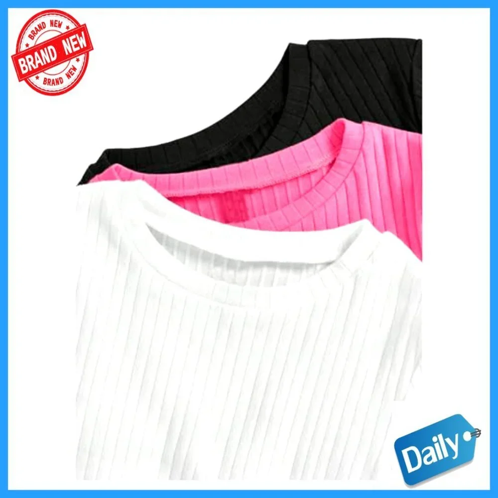 Girls 3-Pack Rib-Knit Crop Tees with Lettuce Trim Short Sleeve